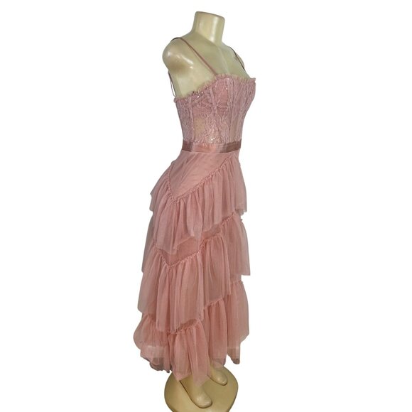 City Studio Pink Lace & Tulle Tiered Midi Dress With Spaghetti Straps Size 3 - Picture 2 of 8